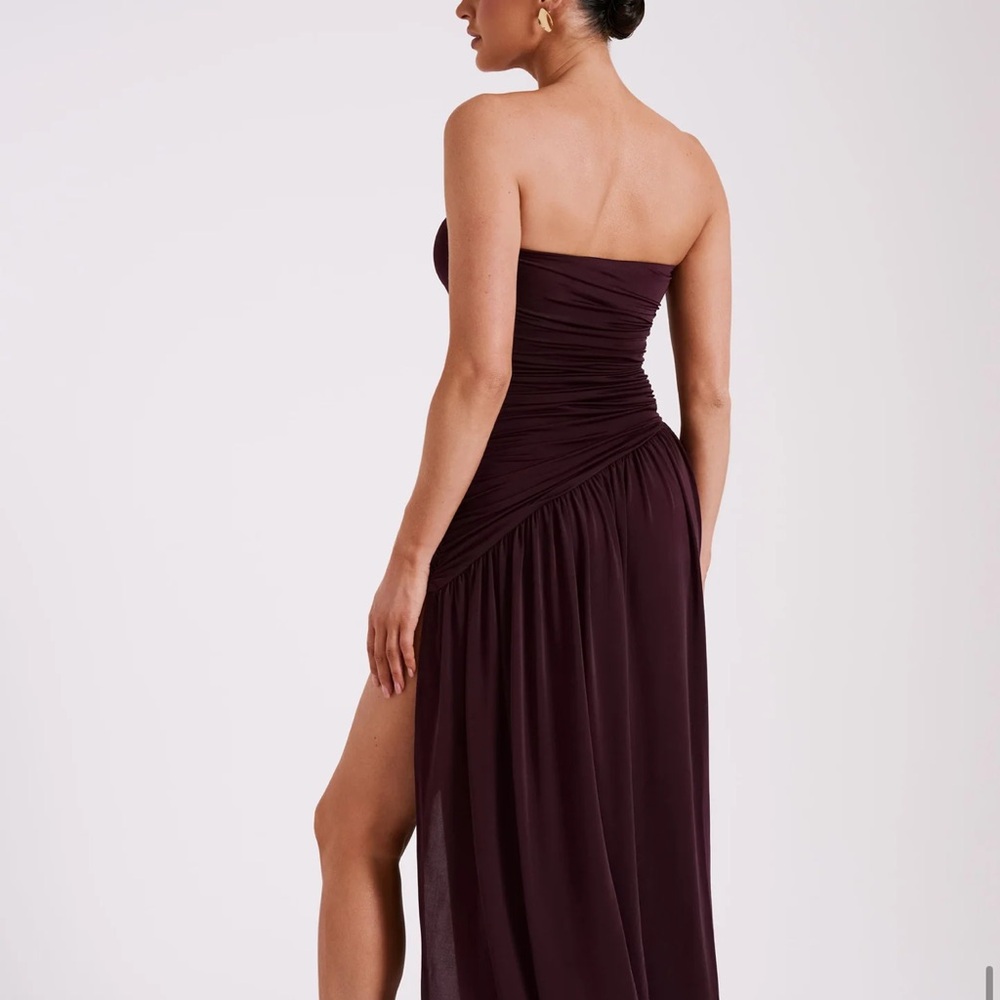 Meshki “Bex” strapless silky maxi dress with split - Burgundy SMALL